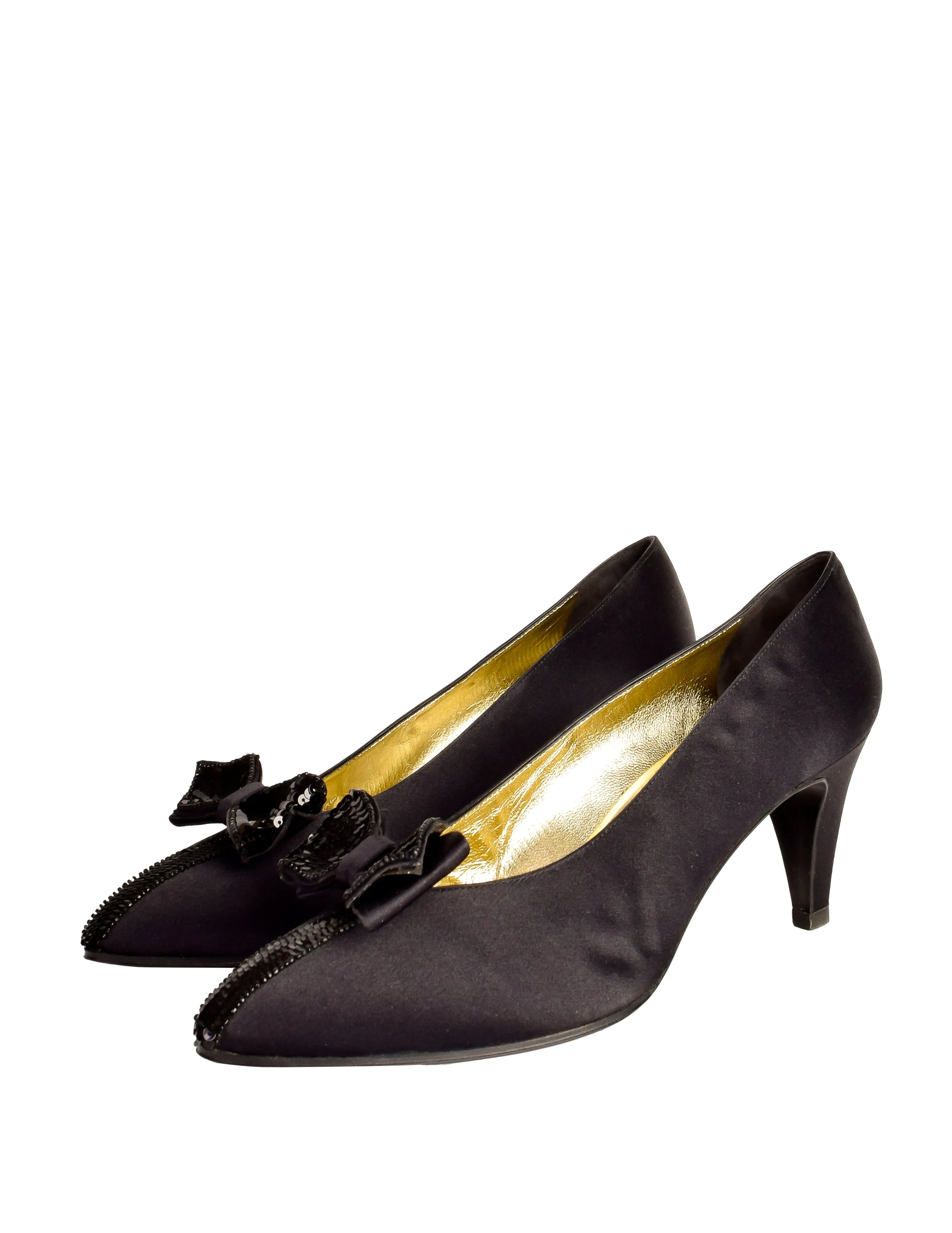 Chanel Vintage 1980s Black Satin Sequin Bow Pump Heels