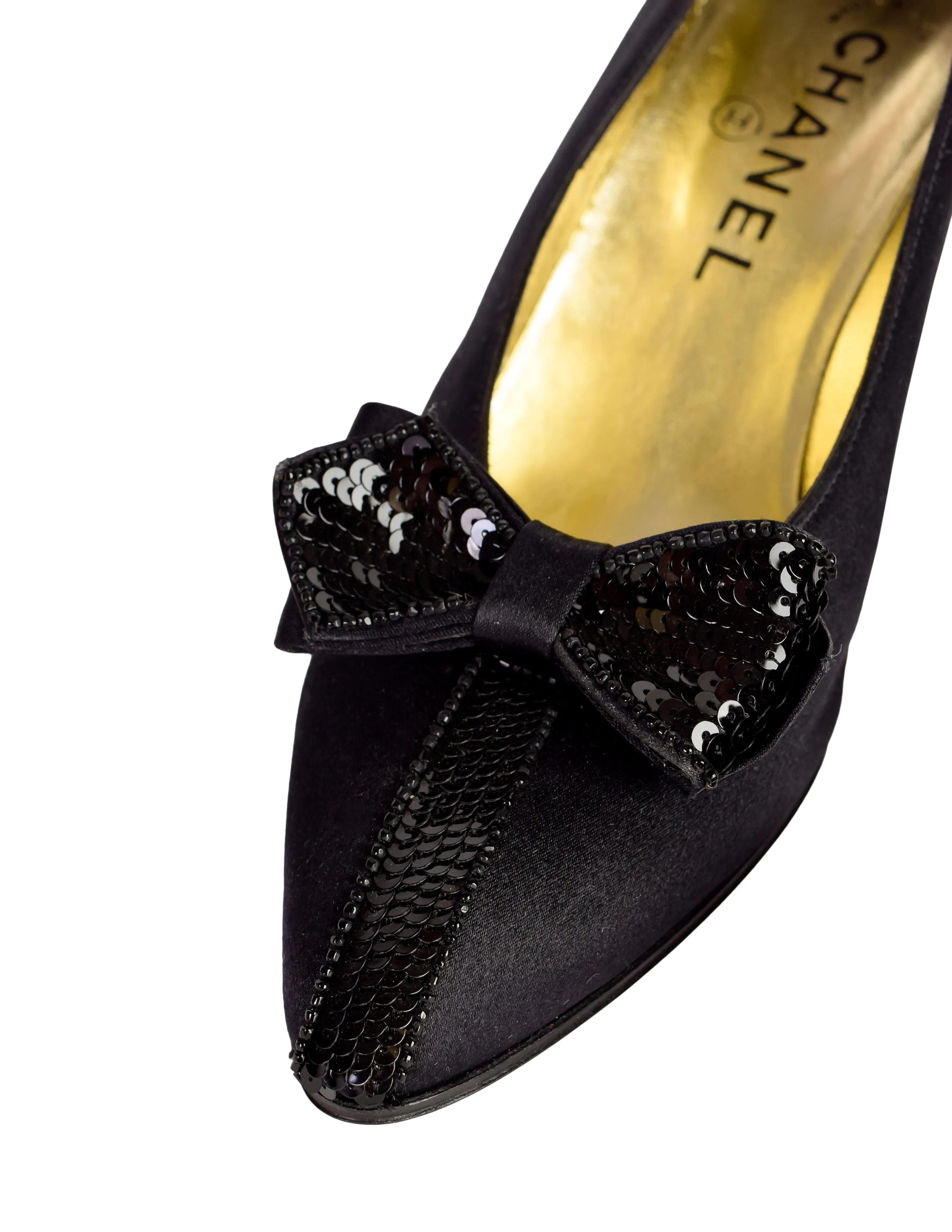 Chanel Vintage 1980s Black Satin Sequin Bow Pump Heels