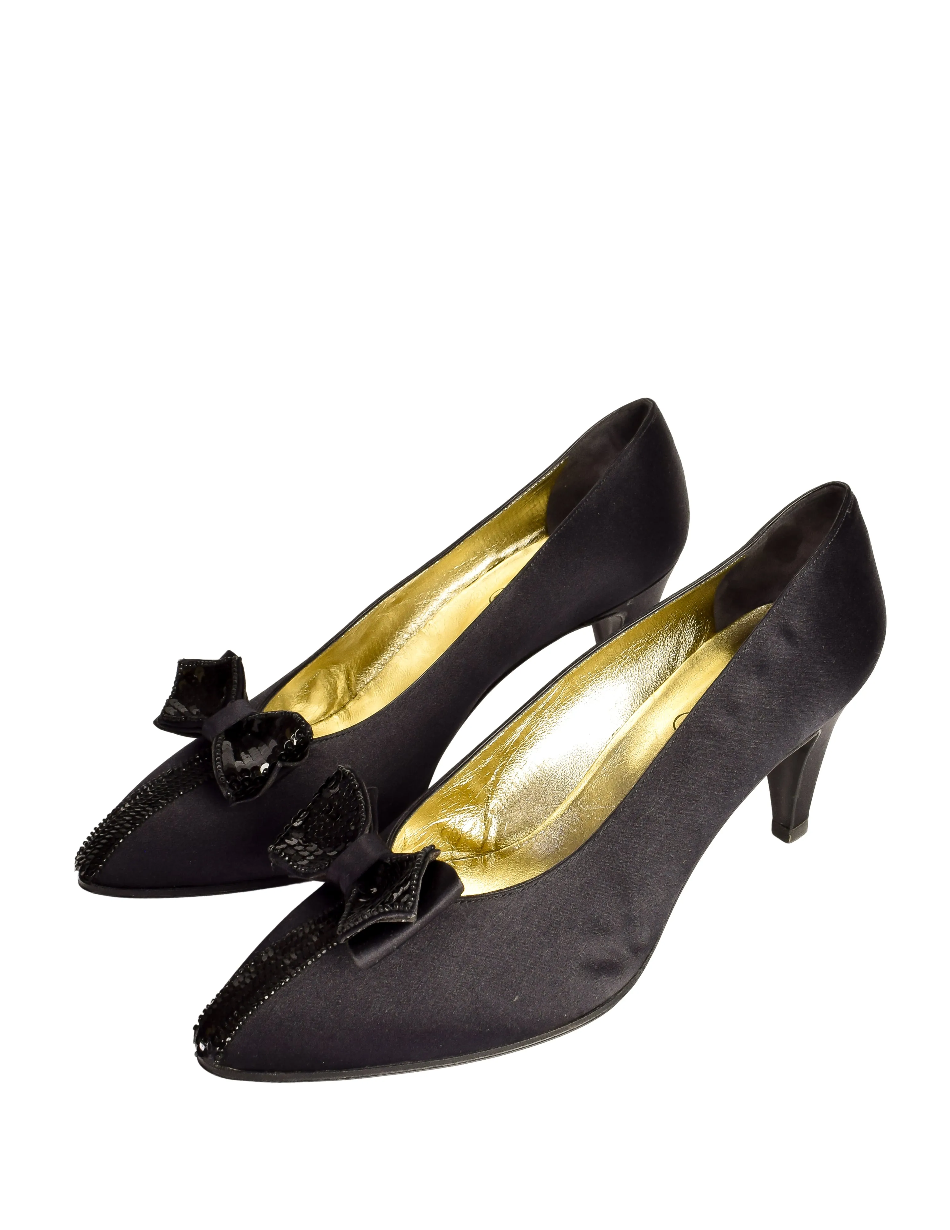 Chanel Vintage 1980s Black Satin Sequin Bow Pump Heels