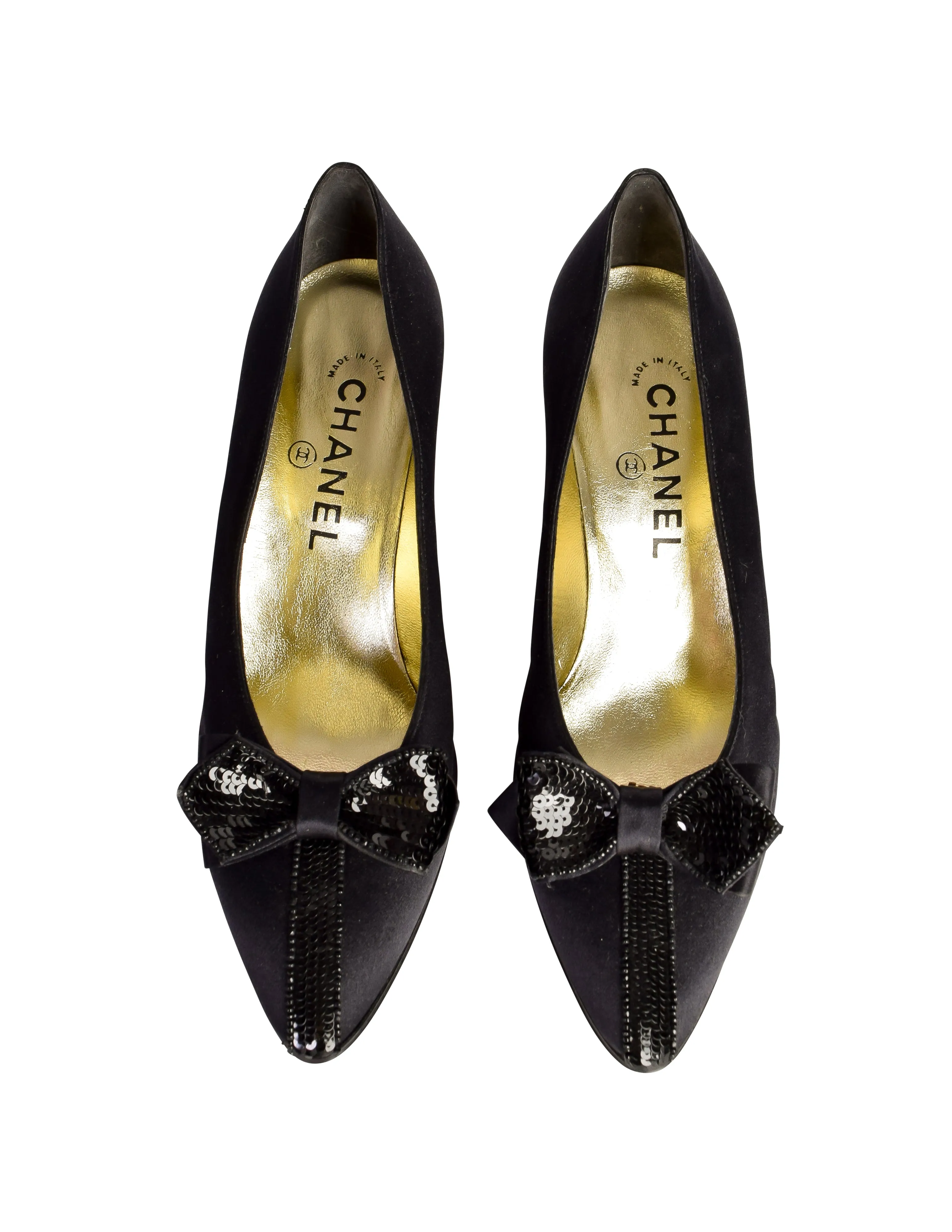 Chanel Vintage 1980s Black Satin Sequin Bow Pump Heels