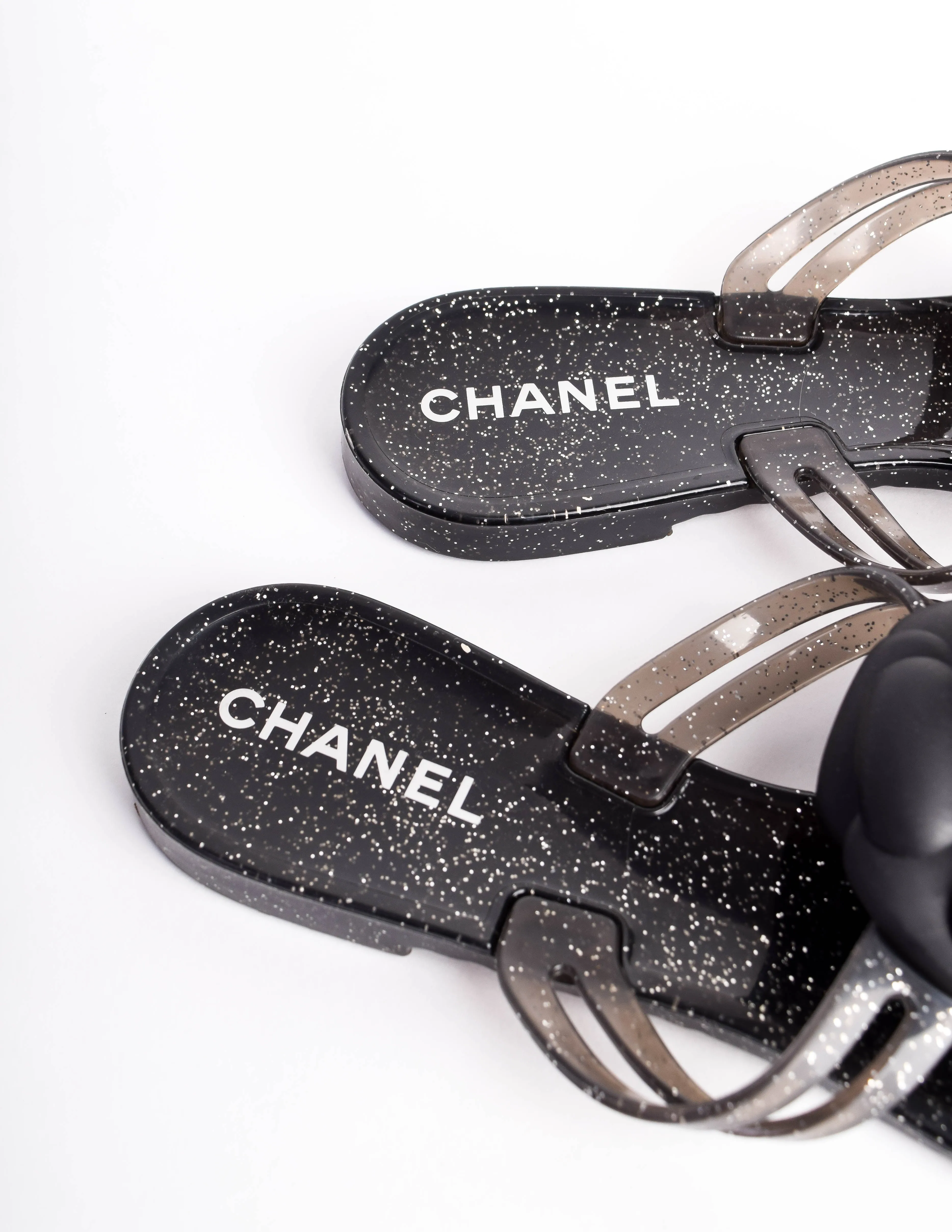 Chanel Vintage Black Silver Glitter Camellia Flower Flip Flop Sandals