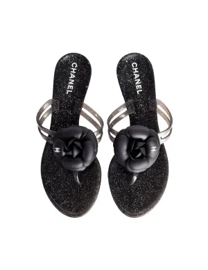 Chanel Vintage Black Silver Glitter Camellia Flower Flip Flop Sandals