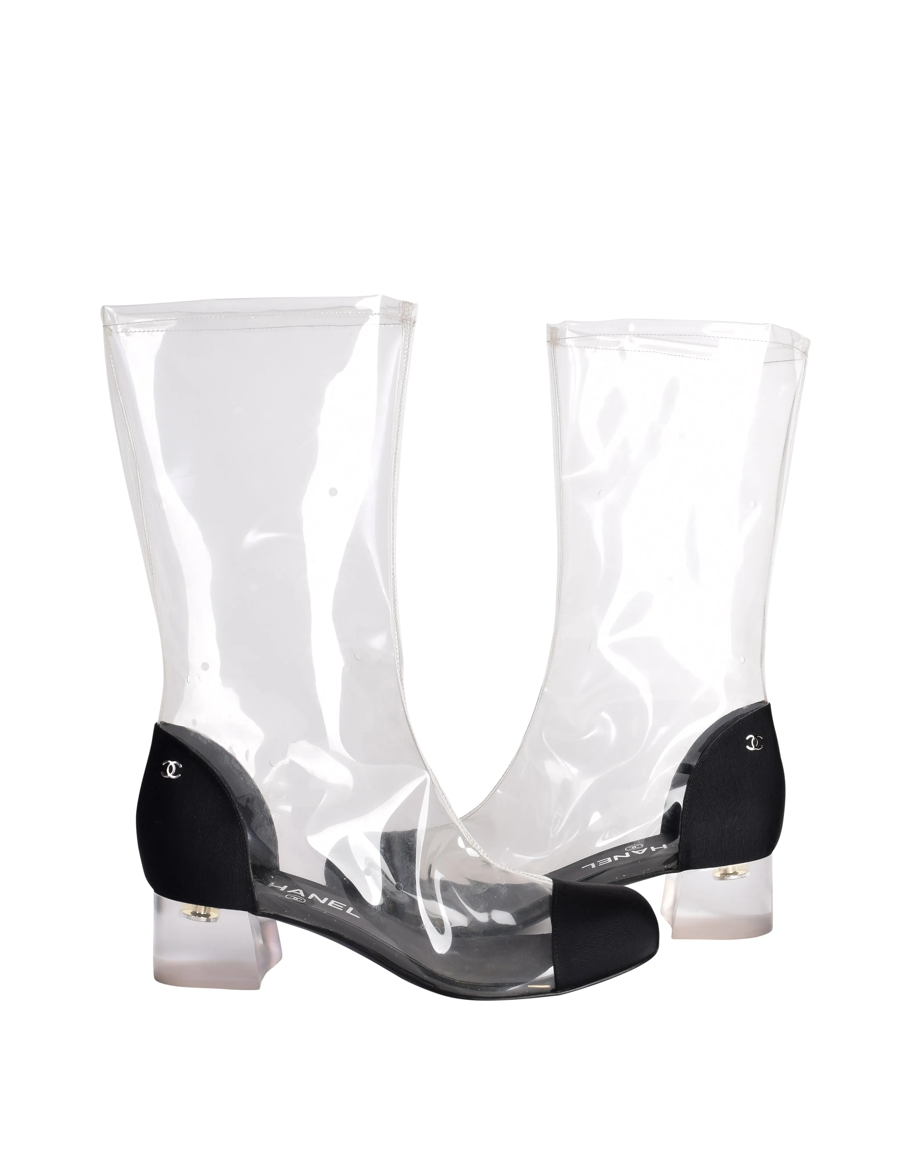 Chanel Vintage Spring Summer 2018 Transparent Black Toe Cap Lucite Heel Boots