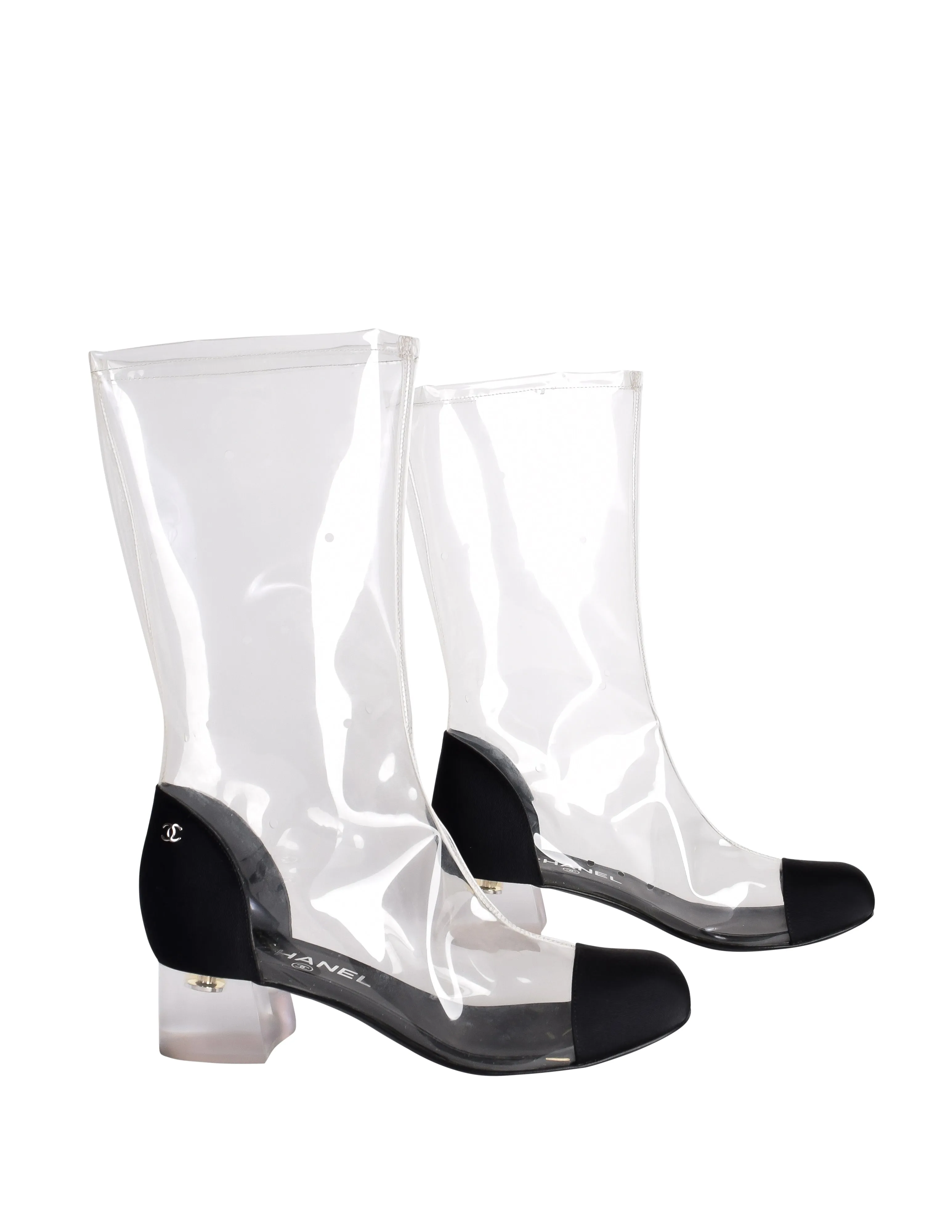 Chanel Vintage Spring Summer 2018 Transparent Black Toe Cap Lucite Heel Boots