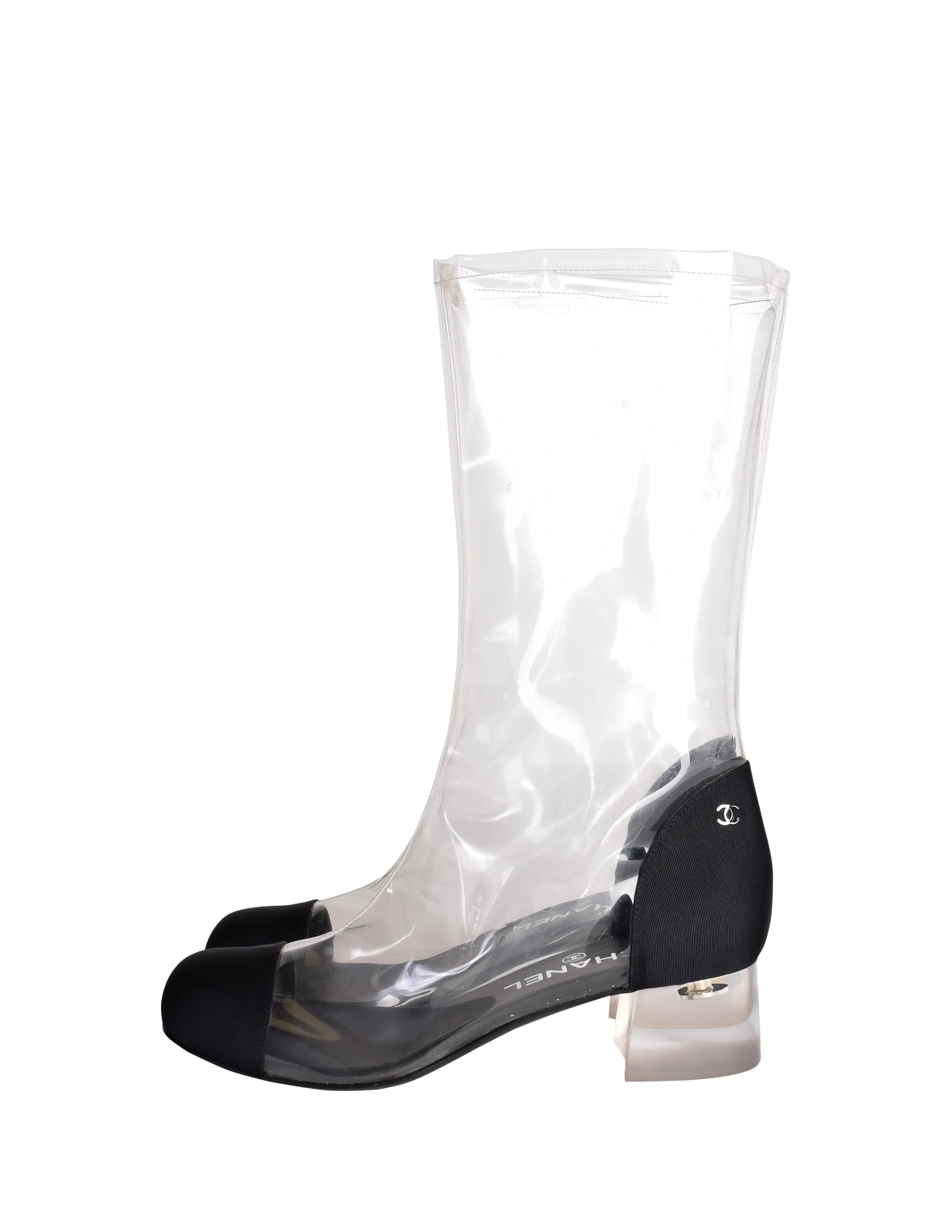 Chanel Vintage Spring Summer 2018 Transparent Black Toe Cap Lucite Heel Boots