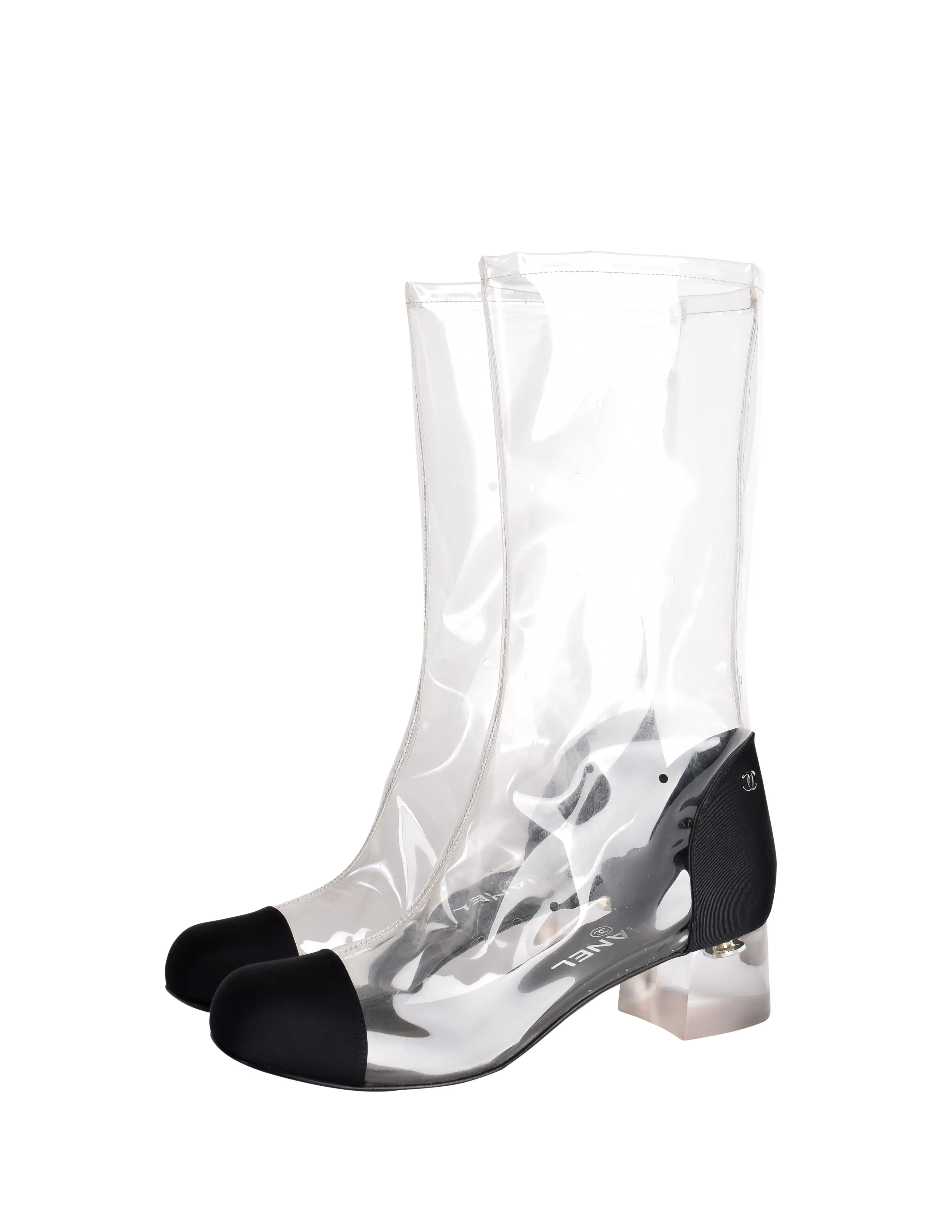 Chanel Vintage Spring Summer 2018 Transparent Black Toe Cap Lucite Heel Boots