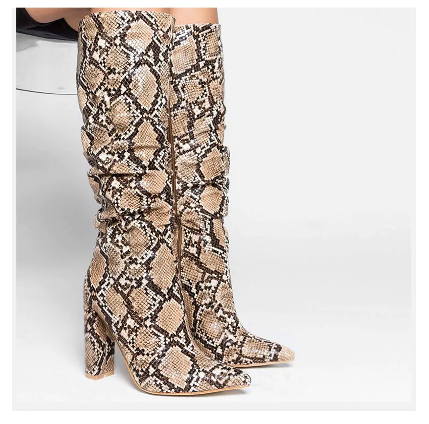 Colorful Snake Skin High Heel Thick Pointed Toe Zip Pleated Boots