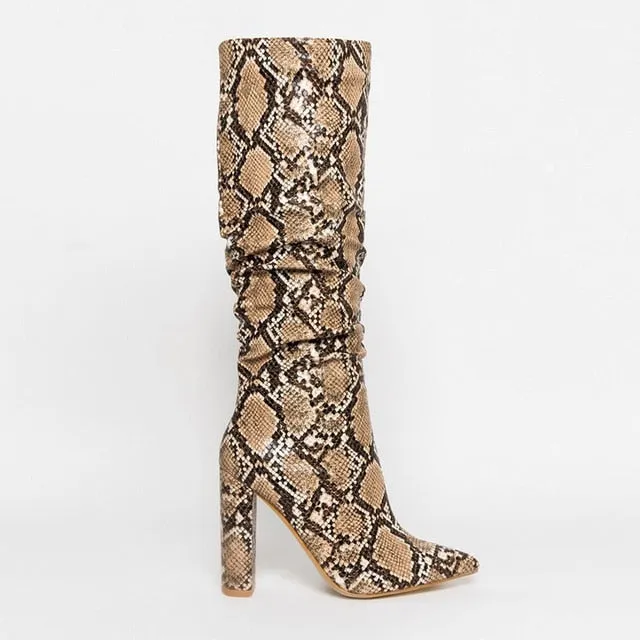 Colorful Snake Skin High Heel Thick Pointed Toe Zip Pleated Boots