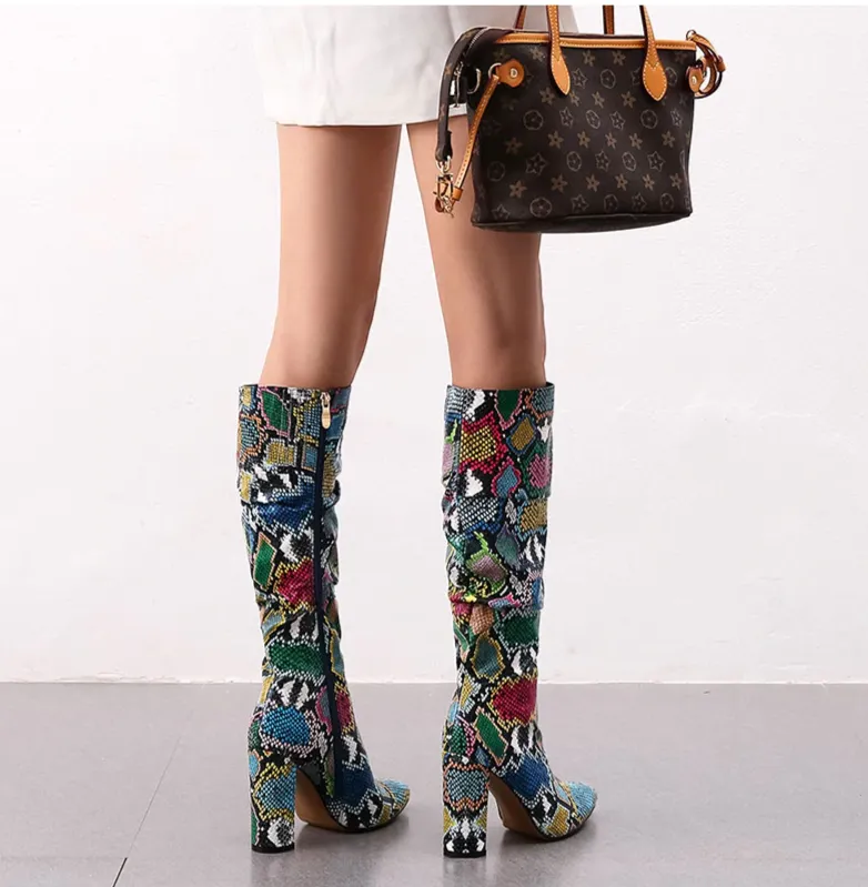 Colorful Snake Skin High Heel Thick Pointed Toe Zip Pleated Boots