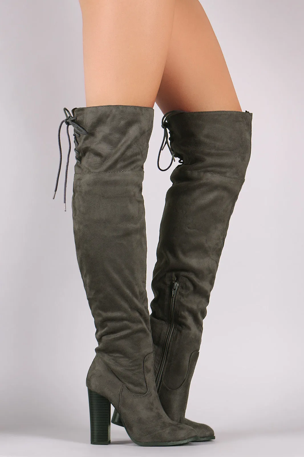 Corset Lace-Up Chunky Heeled Suede Over-The-Knee Boots