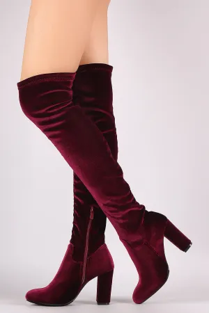 Crushed Velvet Chunky Heeled Over-The-Knee Boots