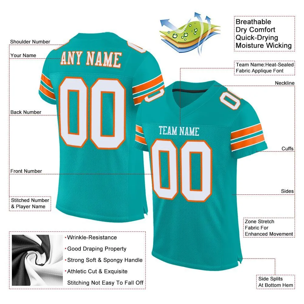 Custom Aqua White-Orange Mesh Authentic Football Jersey