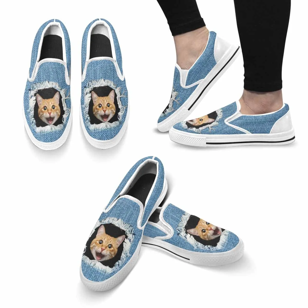 Custom Cat Face Jean Slip-on Canvas Shoes