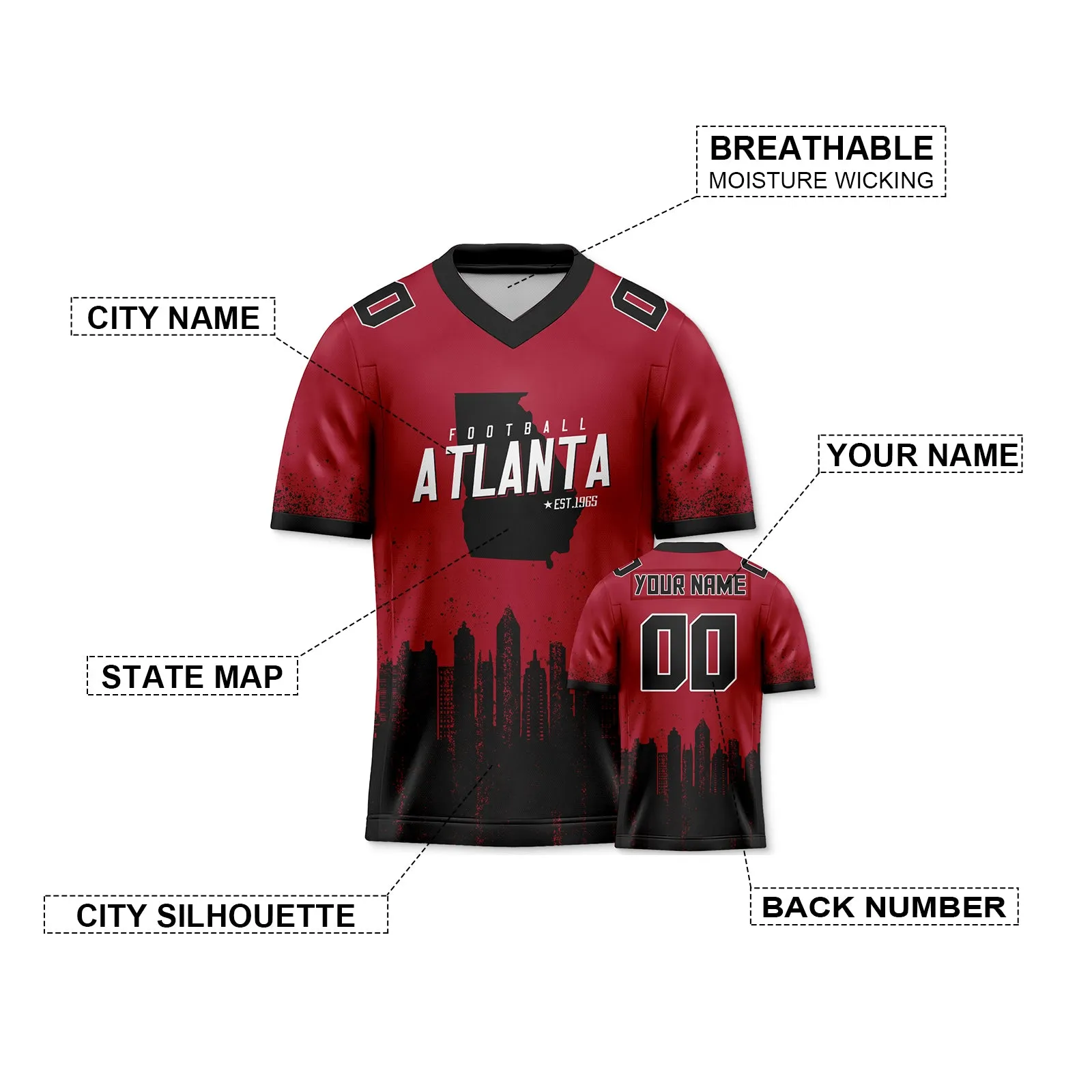 Custom Football Jersey Atlanta City Map Graffiti Shirt Unisex Personalized Name and Number for Men Women Youth Football Fans Gift