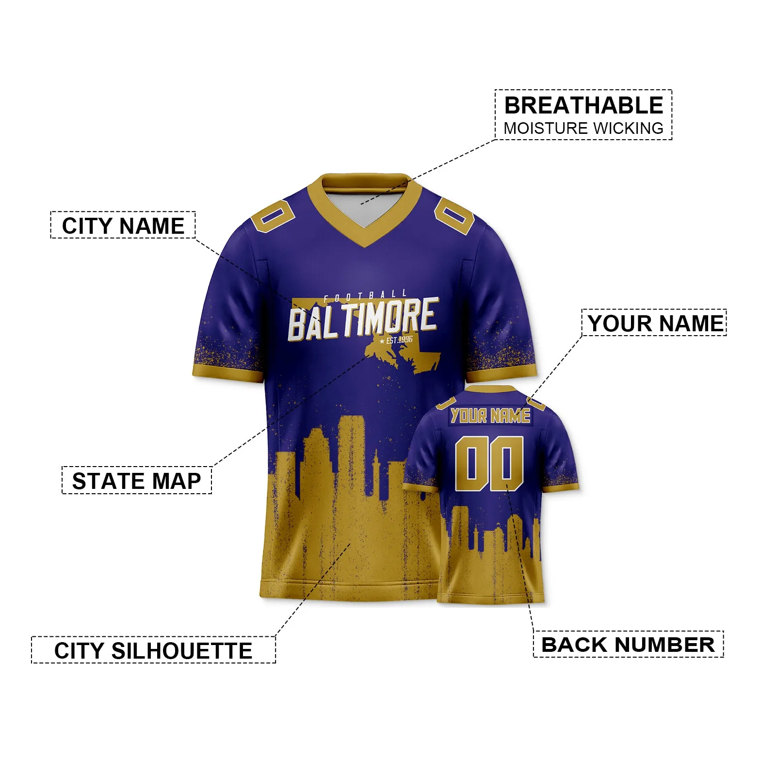 Custom Football Jersey Baltimore Ravens City Map Graffiti Shirt Unisex Personalized Name and Number for Men Women Youth Football Fans Gift