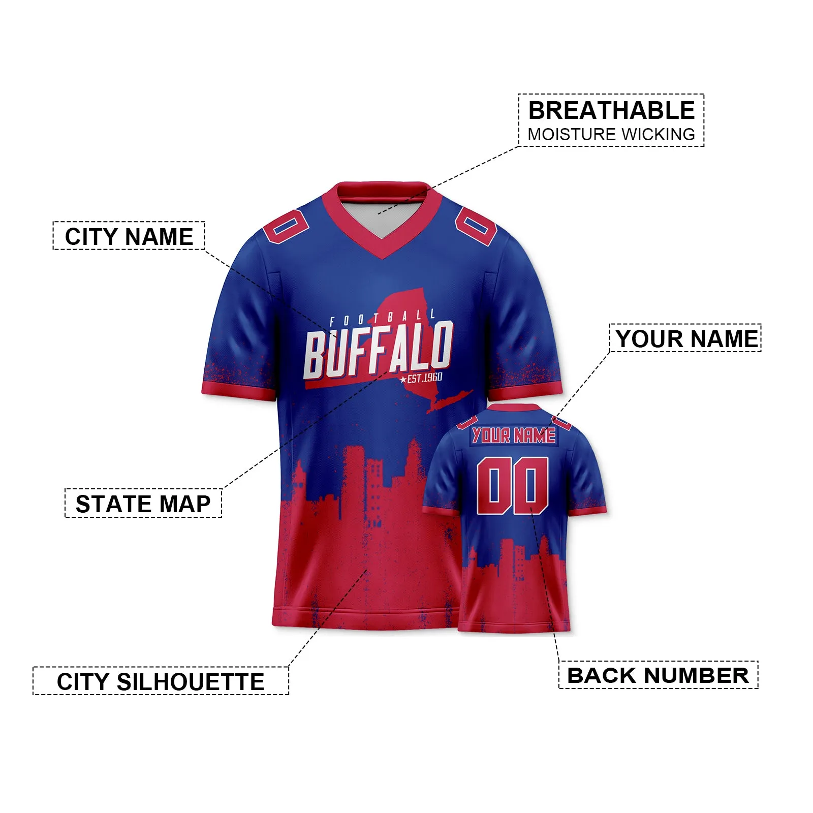 Custom Football Jersey Buffalo Bills City Map Graffiti Shirt Unisex Personalized Name and Number for Men Women Youth Football Fans Gift