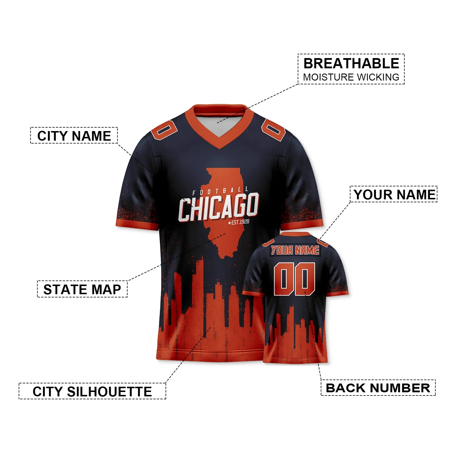 Custom Football Jersey Chicago Bears City Map Graffiti Shirt Unisex Personalized Name and Number for Men Women Youth Football Fans Gift