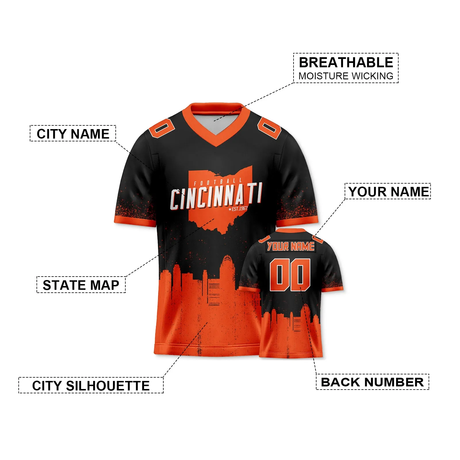 Custom Football Jersey Cincinnati Bengals City Map Graffiti Shirt Unisex Personalized Name and Number for Men Women Youth Football Fans Gift