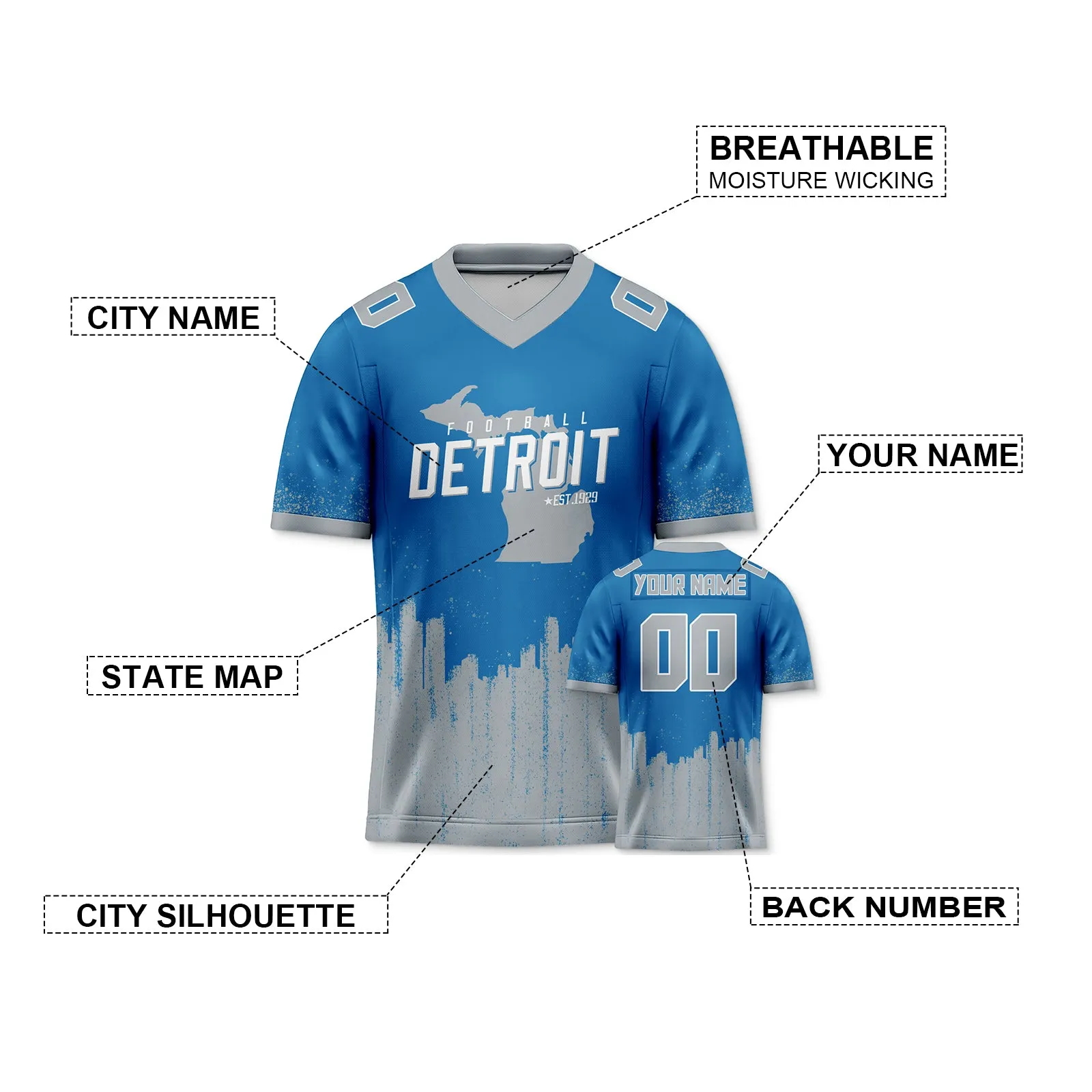 Custom Football Jersey Detroit Lions City Map Graffiti Shirt Unisex Personalized Name and Number for Men Women Youth Football Fans Gift