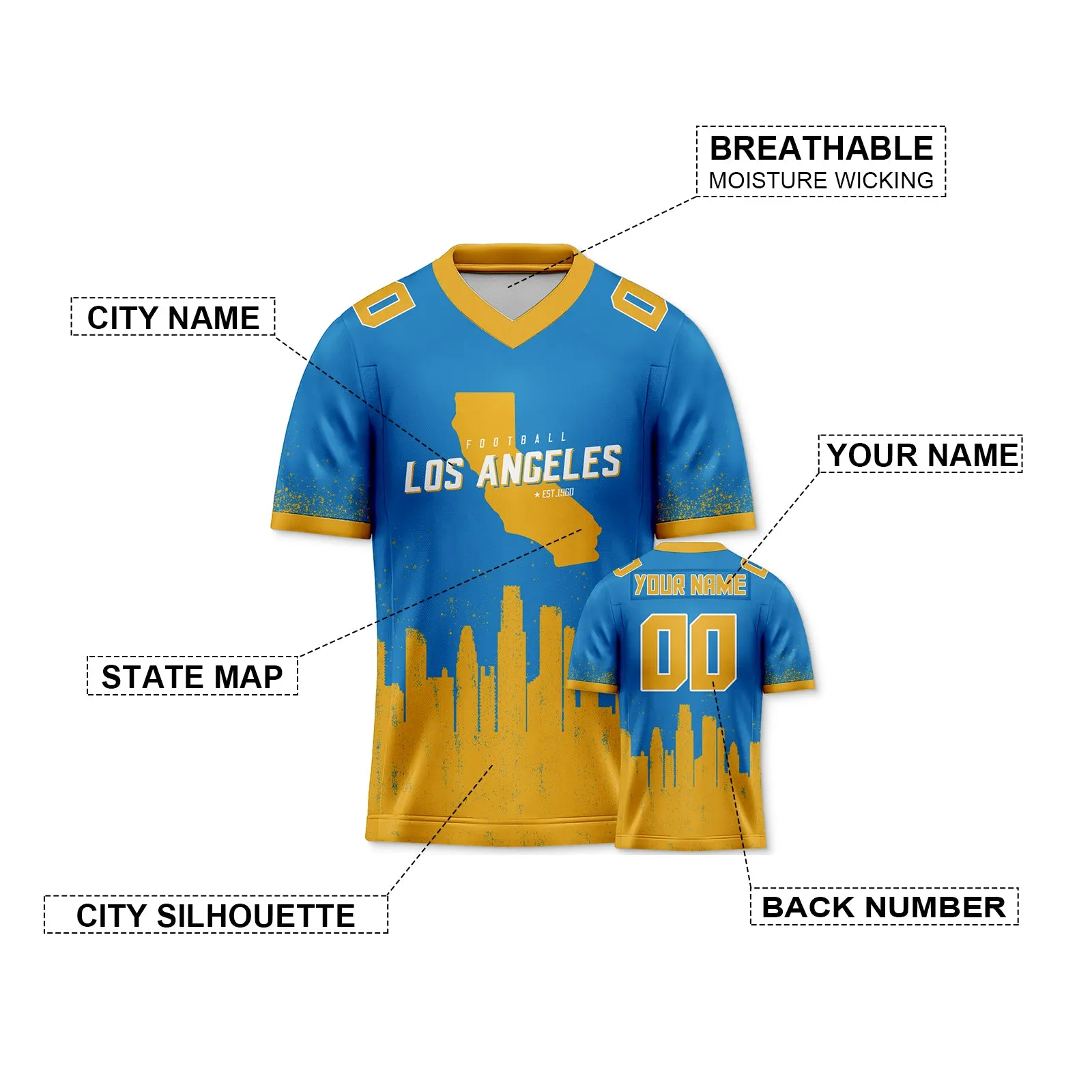 Custom Football Jersey Los Angeles Chargers City Map Graffiti Shirt Unisex Personalized Name and Number for Men Women Youth Football Fans Gift