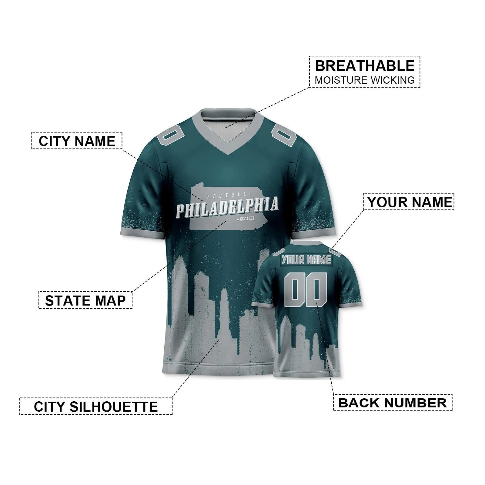 Custom Football Jersey Philadelphia Eagles City Map Graffiti Shirt Unisex Personalized Name and Number for Men Women Youth Football Fans Gift