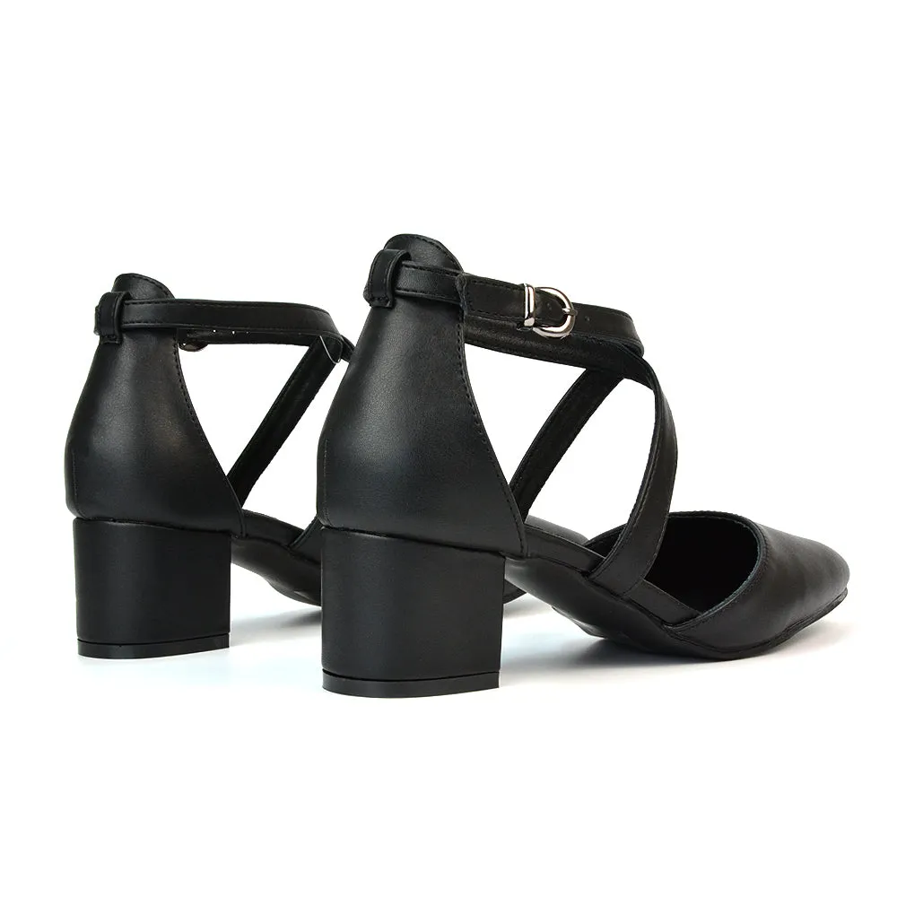 Cynthia Pointed Toe Ankle Strap Mid Block Heels Court Shoes in Black Faux Suede