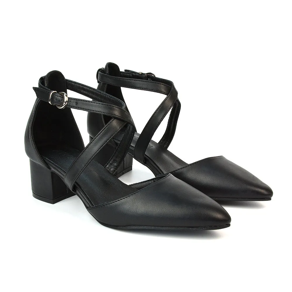 Cynthia Pointed Toe Ankle Strap Mid Block Heels Court Shoes in Black Faux Suede