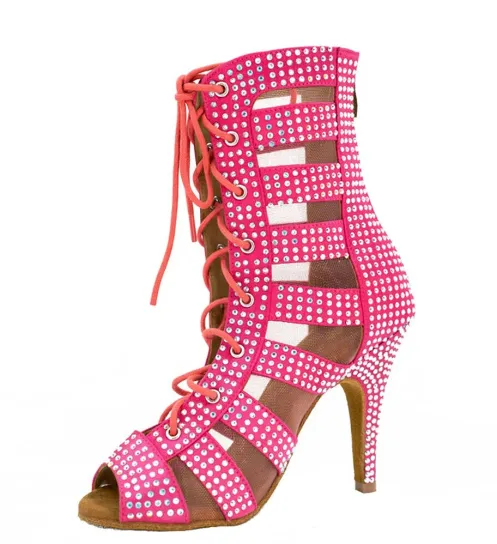 Dance Heels Boots Pink Rhinestone Salsa Dance Boots