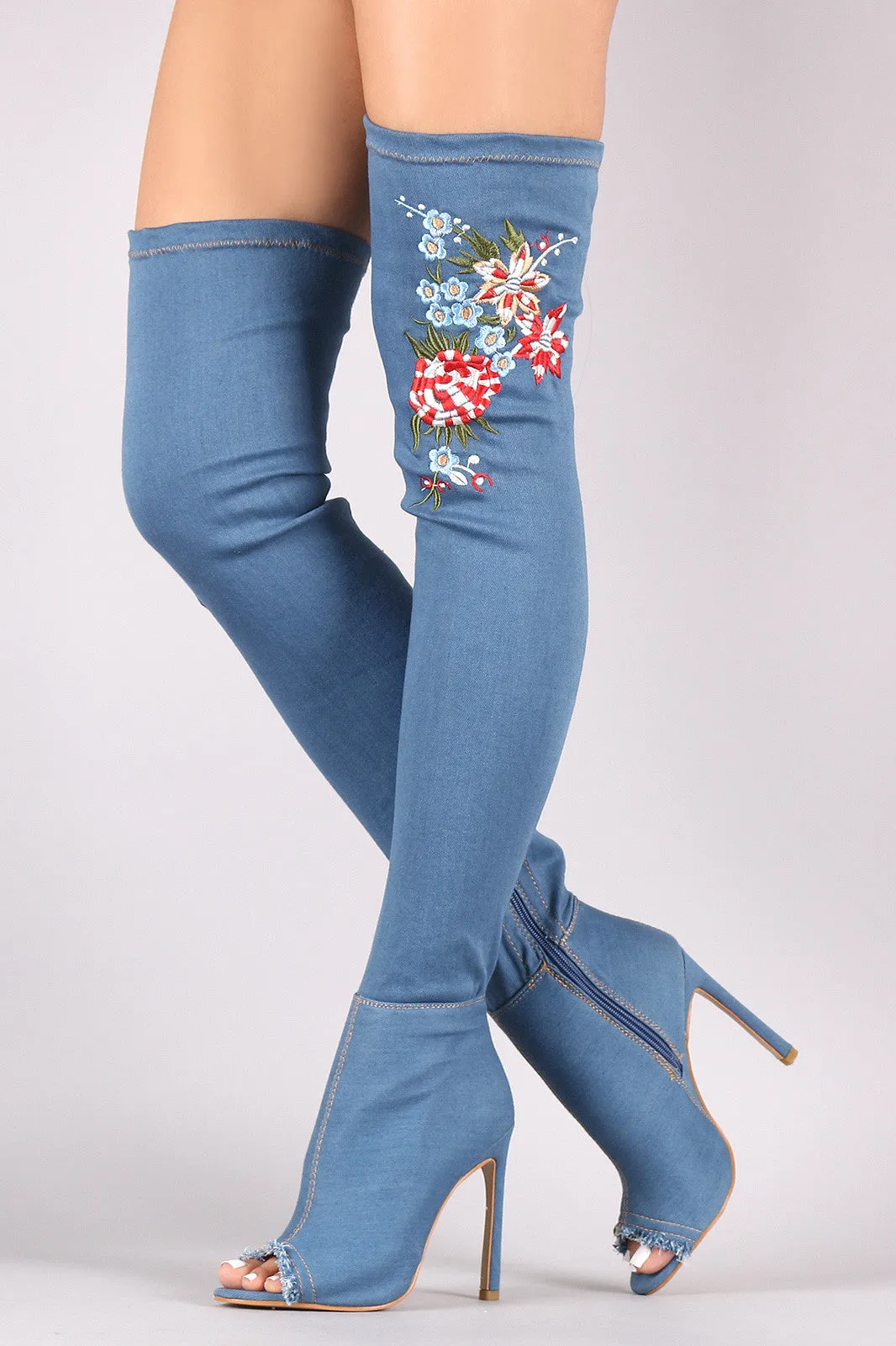 Denim Stiletto Embroidered Floral Over The Knee Boots