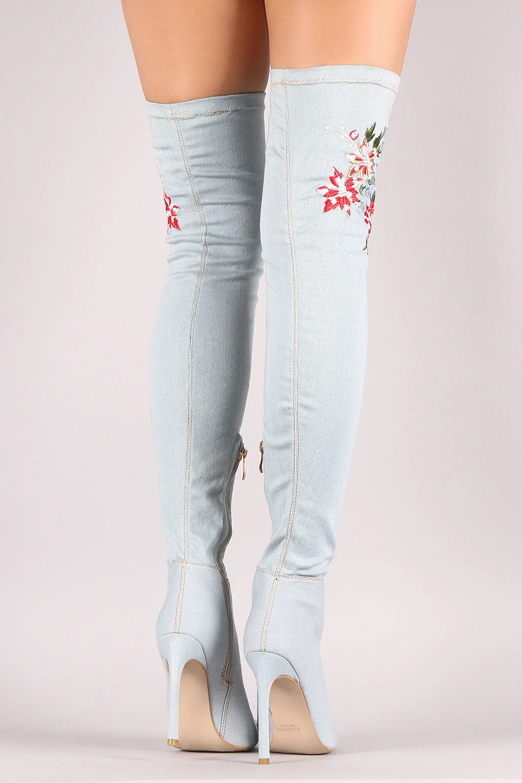 Denim Stiletto Embroidered Floral Over The Knee Boots