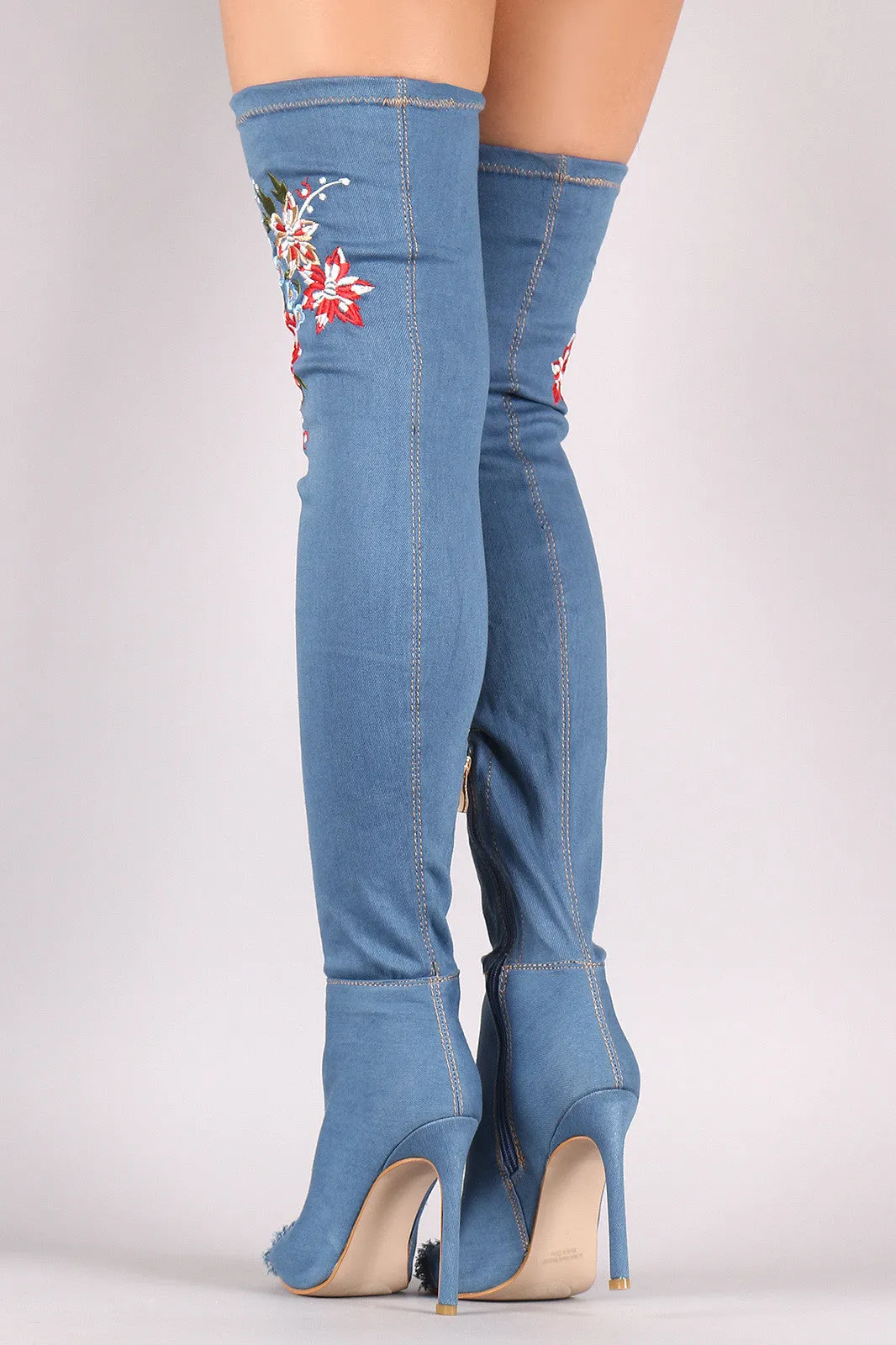 Denim Stiletto Embroidered Floral Over The Knee Boots