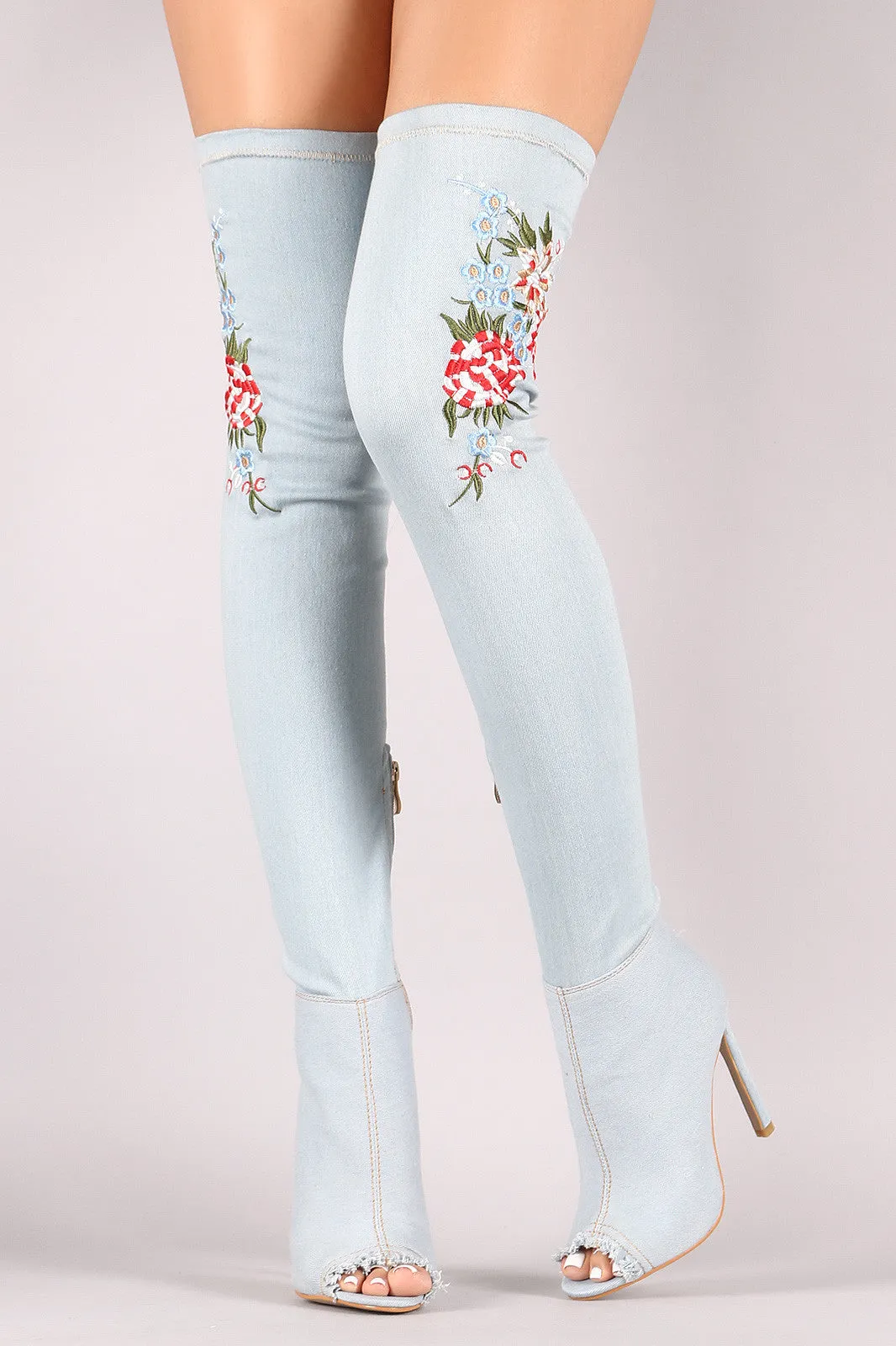 Denim Stiletto Embroidered Floral Over The Knee Boots