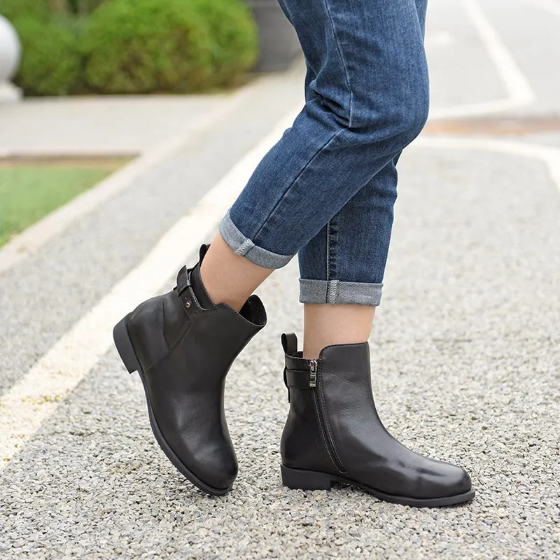 Designer Leather Round Toe Side Zip Block Heel Chic Mid-calf Boots With Buckles in Black