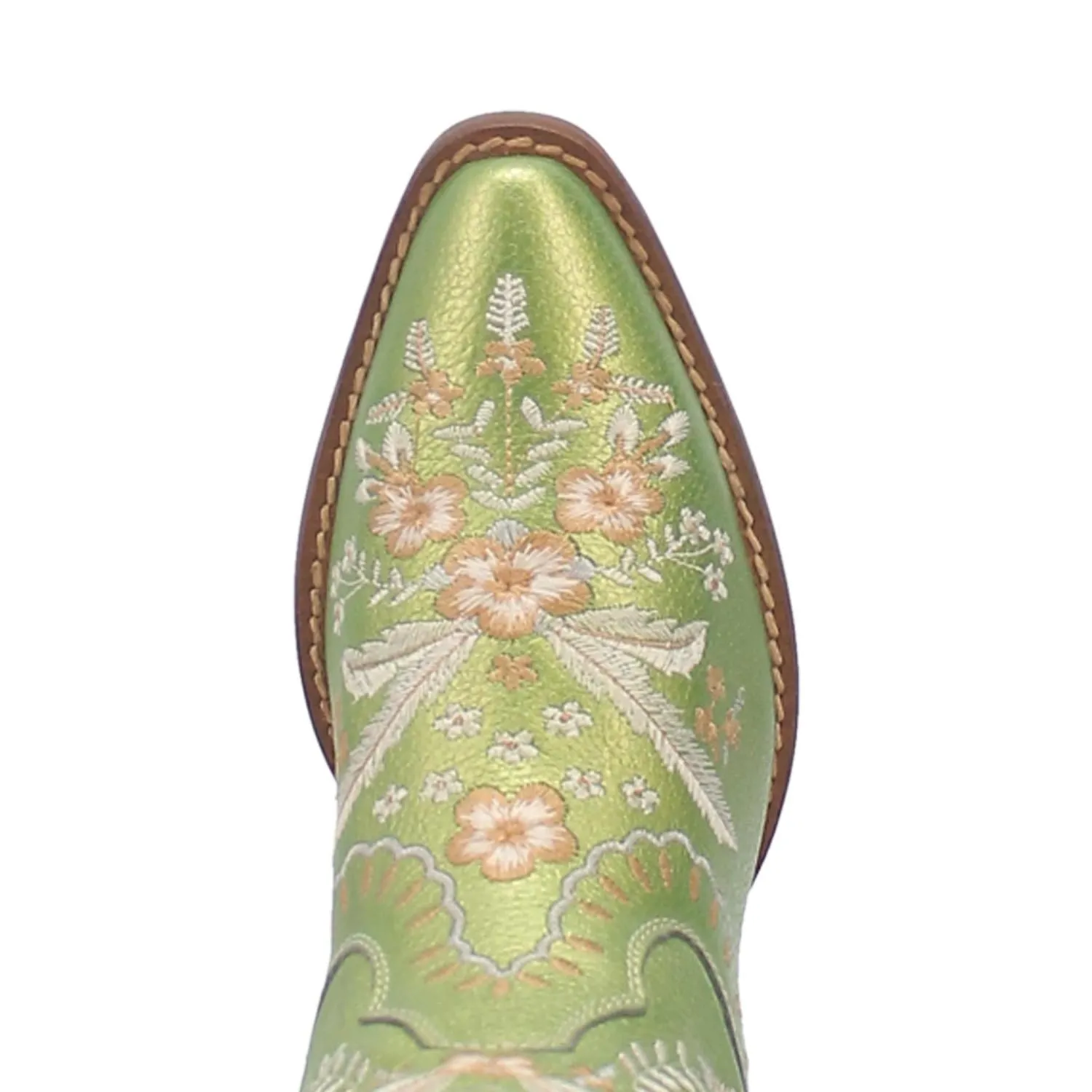 *DISCONTINUED* Dingo | Primrose Leather Floral Stitch Bootie in Green Metallic Last Chace Size 9