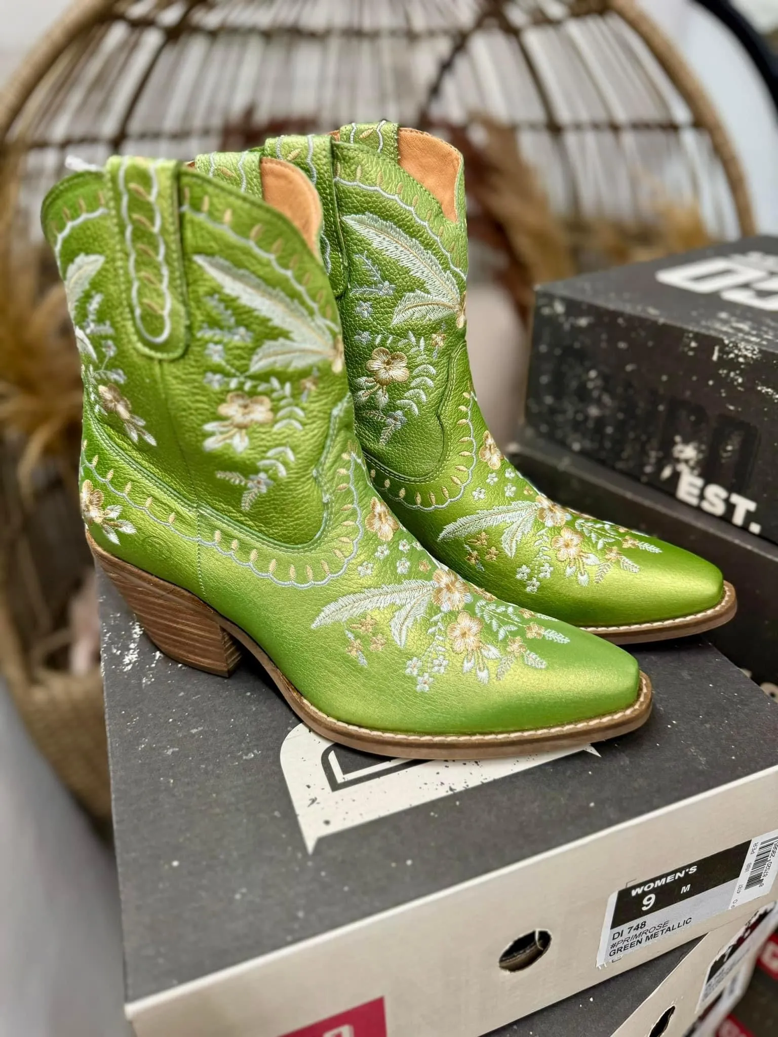 *DISCONTINUED* Dingo | Primrose Leather Floral Stitch Bootie in Green Metallic Last Chace Size 9