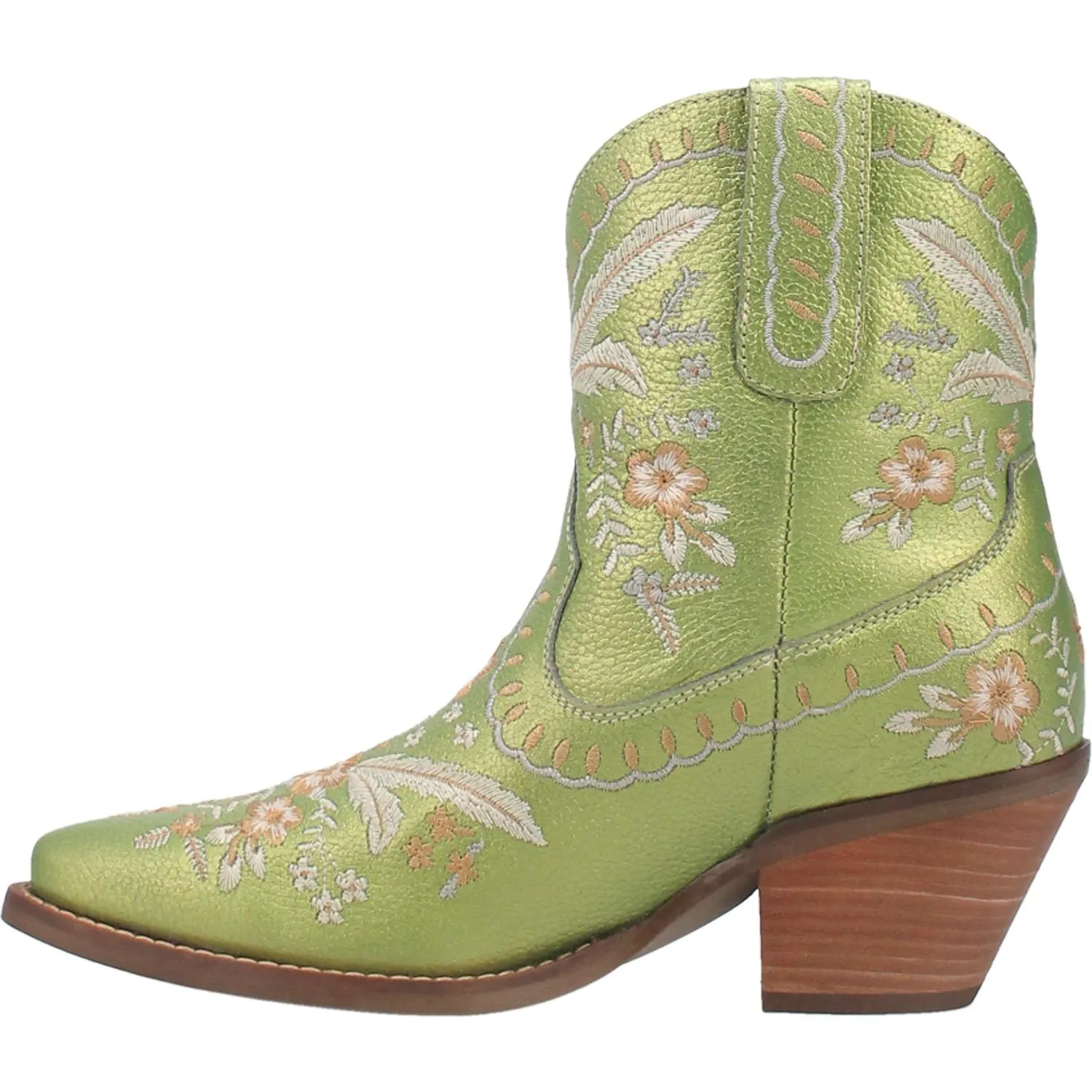 *DISCONTINUED* Dingo | Primrose Leather Floral Stitch Bootie in Green Metallic Last Chace Size 9