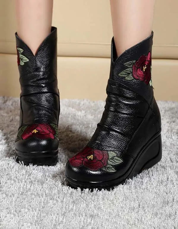 Ethnic Style Embroidery Wedge Boots for Winter