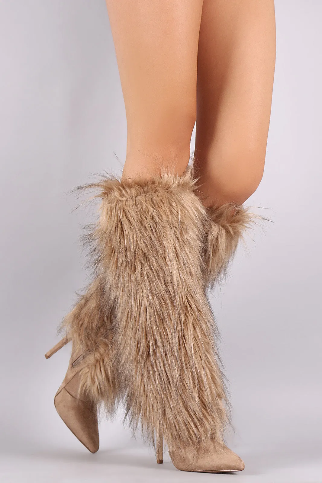 Faux Fur Shaft Pointy Toe Stiletto Knee High Boots