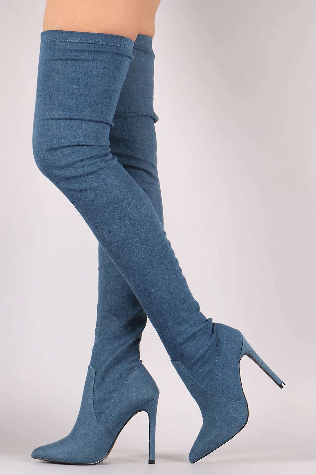 Fitted Denim Pointy Toe Stiletto Over-The-Knee Boots