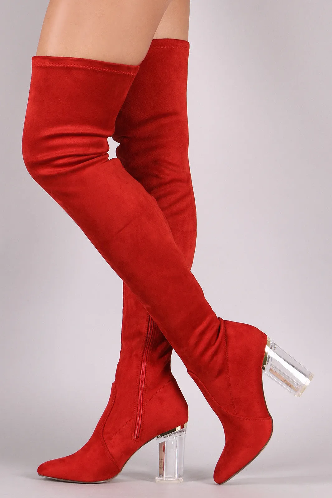 Fitted Suede Lucite Chunky Heeled Over-The-Knee Boots