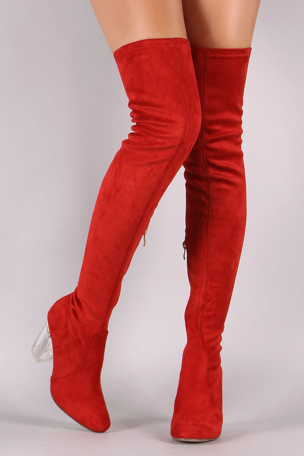 Fitted Suede Lucite Chunky Heeled Over-The-Knee Boots