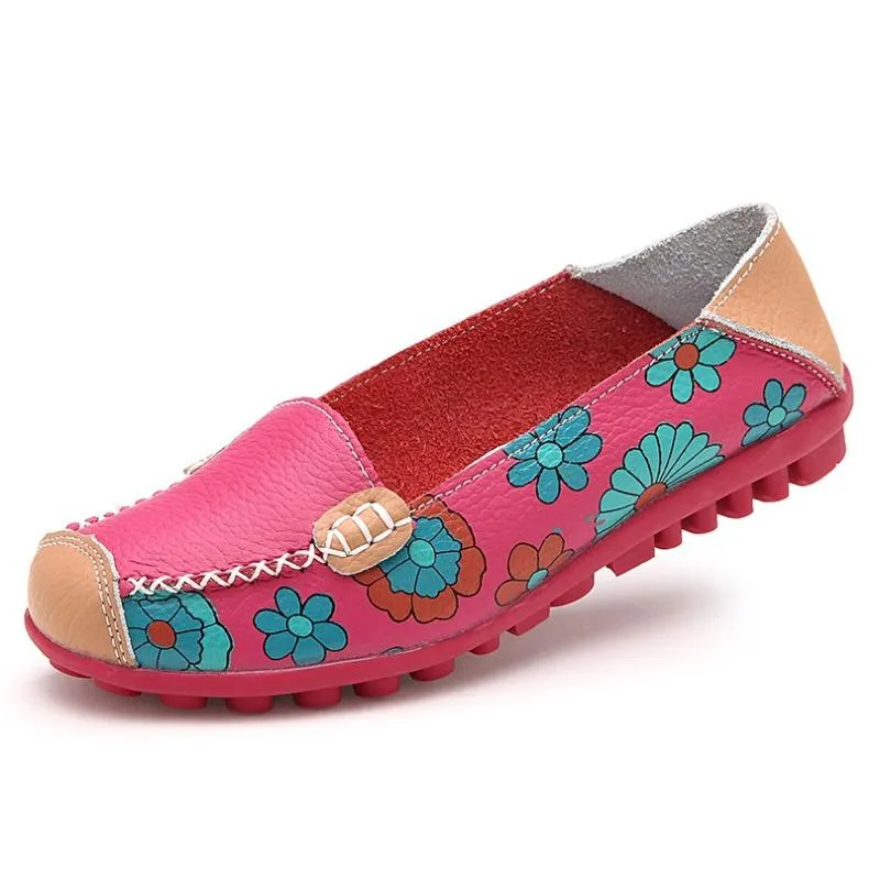 Flexible Leather Flower Print Comfy Flat Shoes