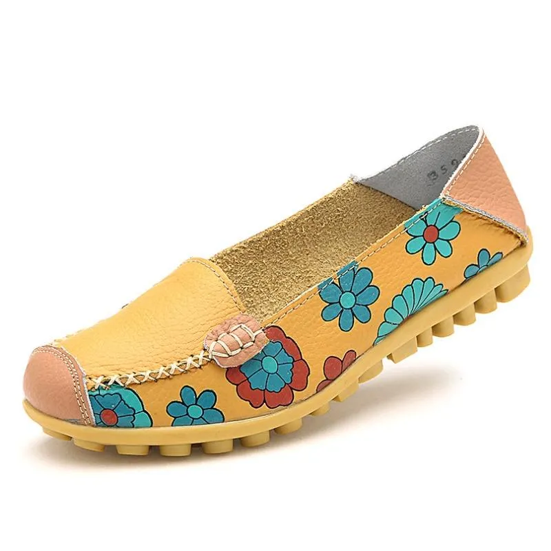 Flexible Leather Flower Print Comfy Flat Shoes