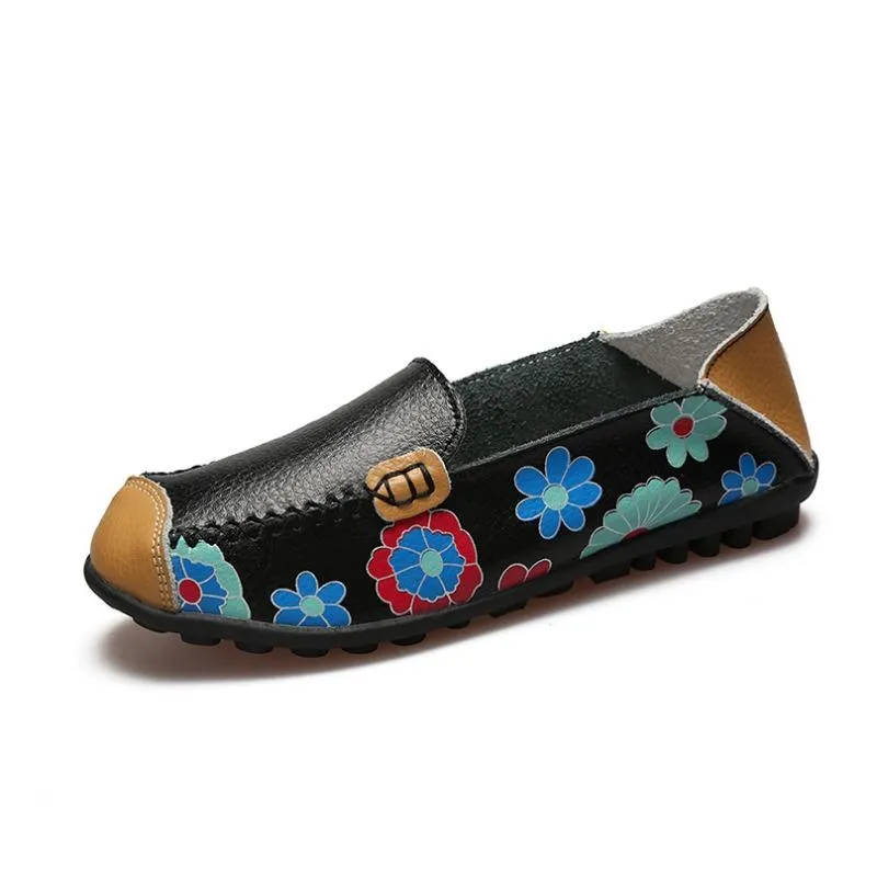 Flexible Leather Flower Print Comfy Flat Shoes