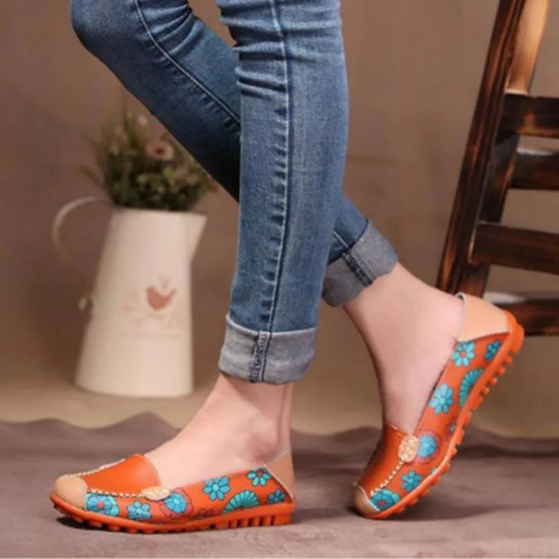 Flexible Leather Flower Print Comfy Flat Shoes