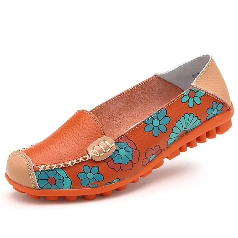 Flexible Leather Flower Print Comfy Flat Shoes