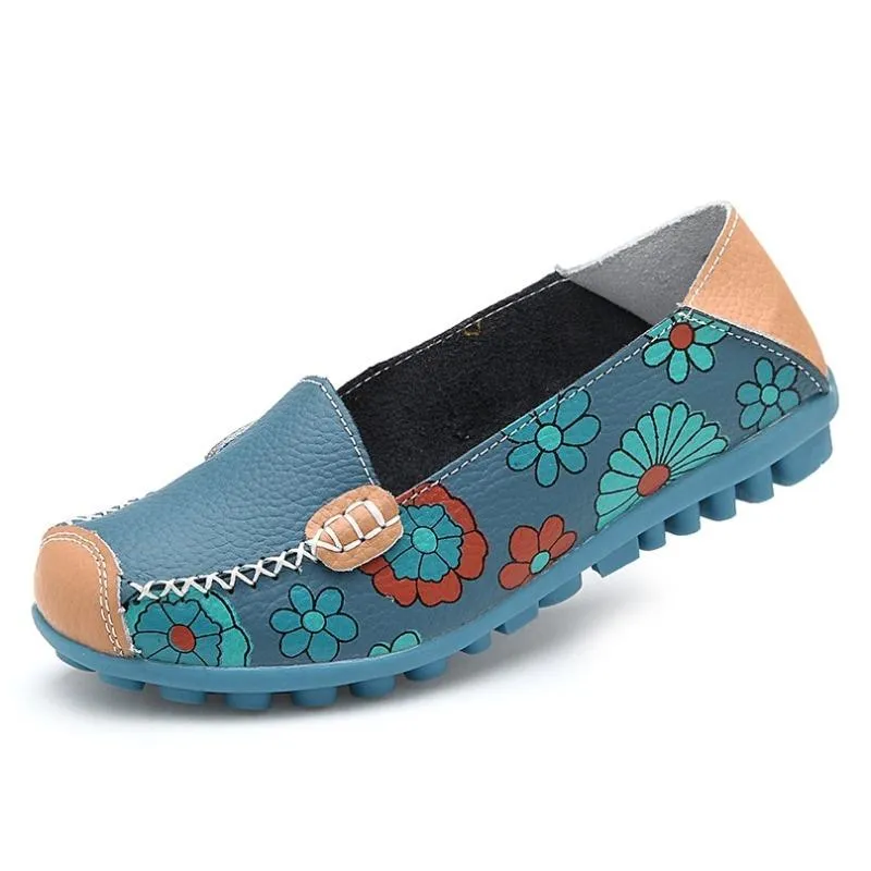 Flexible Leather Flower Print Comfy Flat Shoes