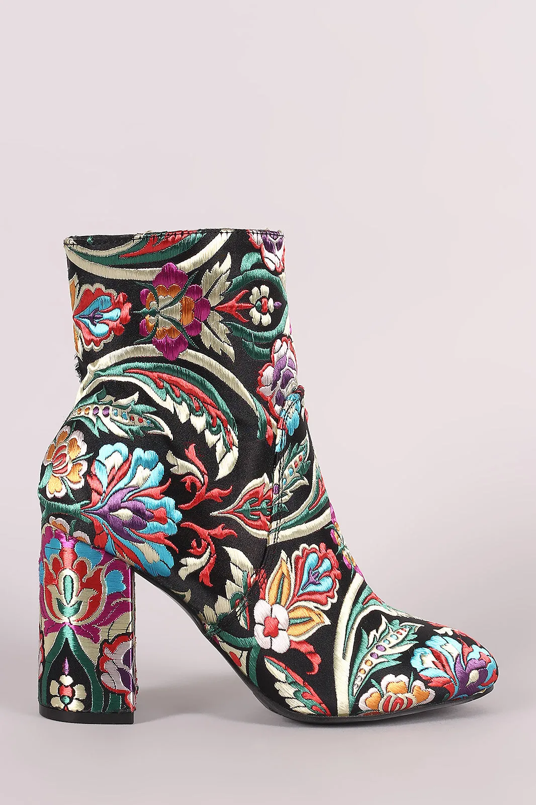 Floral Brocade Block Heeled Booties