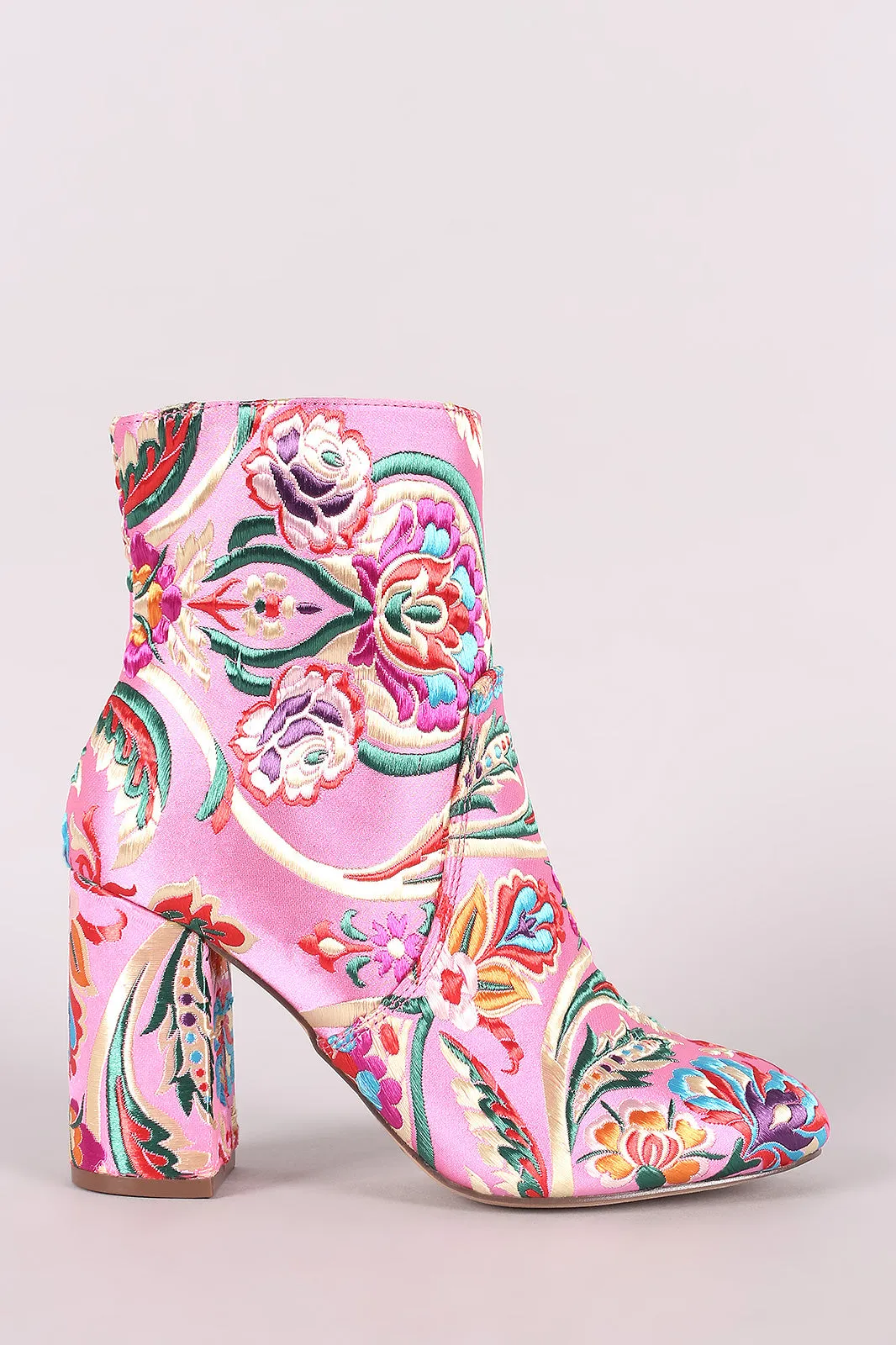 Floral Brocade Block Heeled Booties