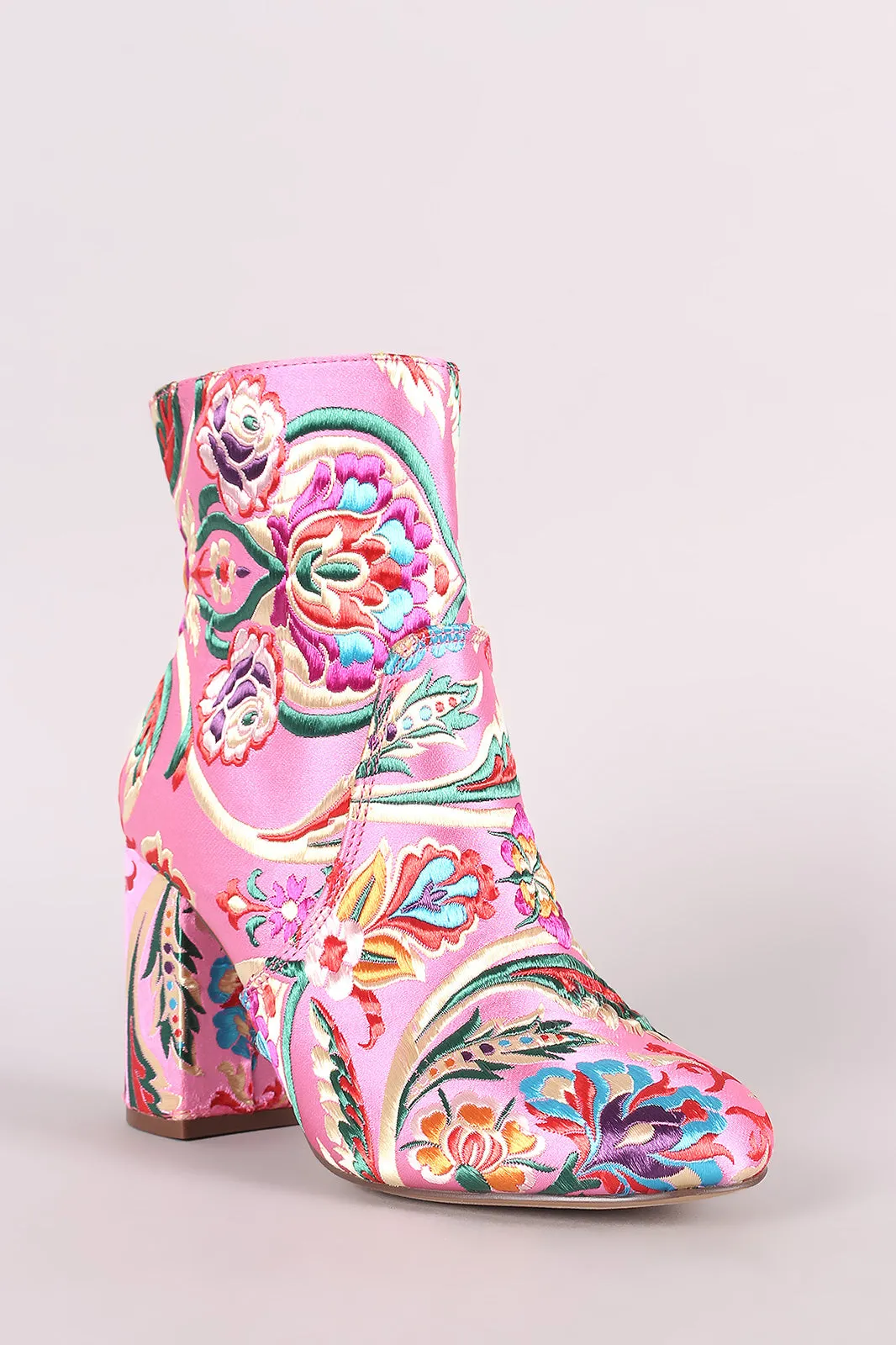 Floral Brocade Block Heeled Booties